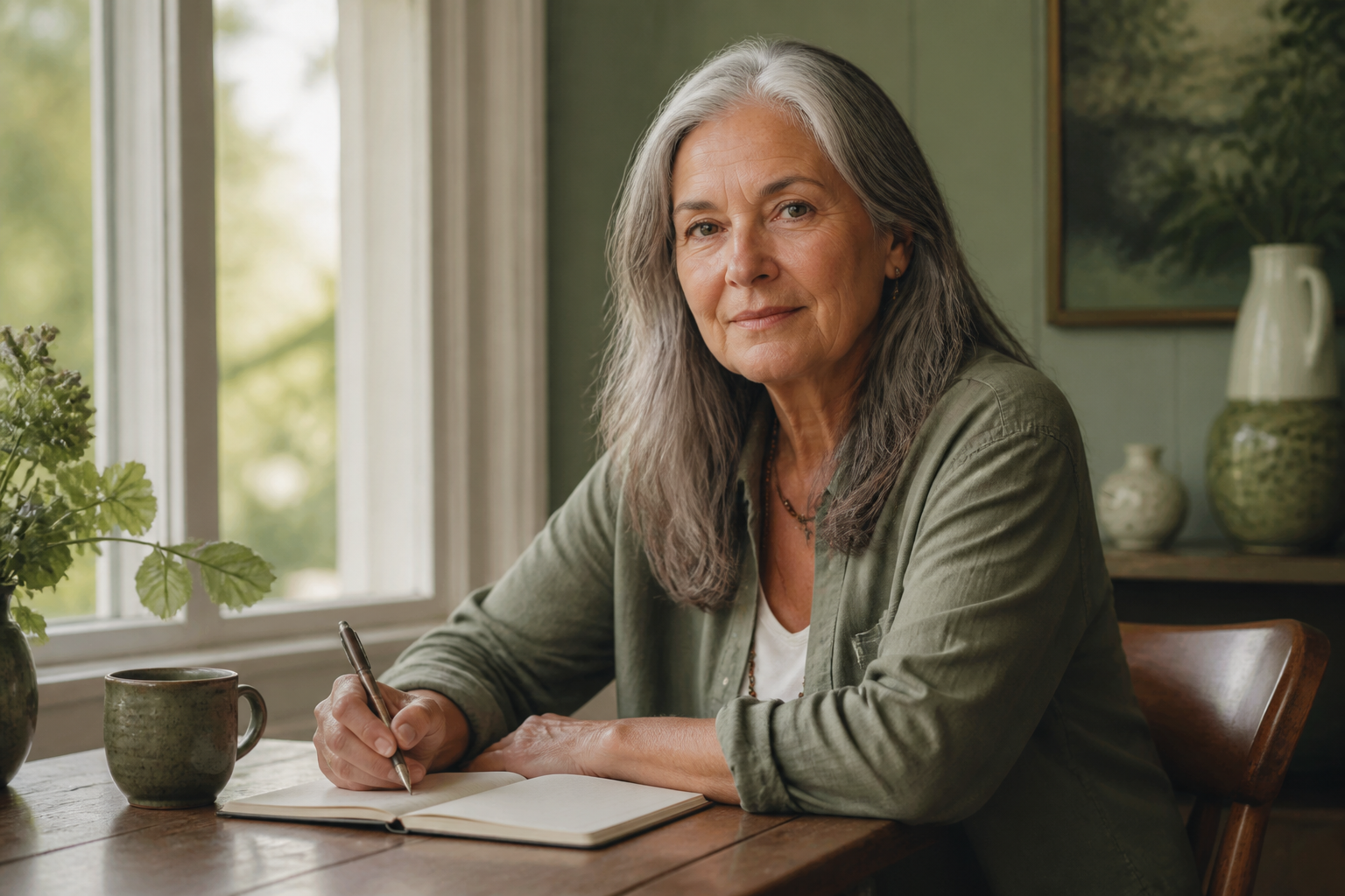 Older adult planning the day at a sunlit table. 